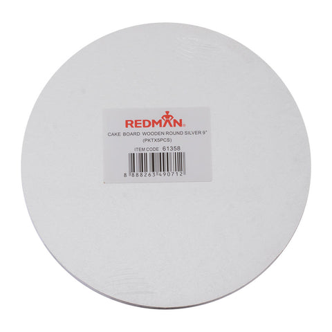 WOODEN CAKEBOARD RD SILVER 9" 5PCS (#61358)