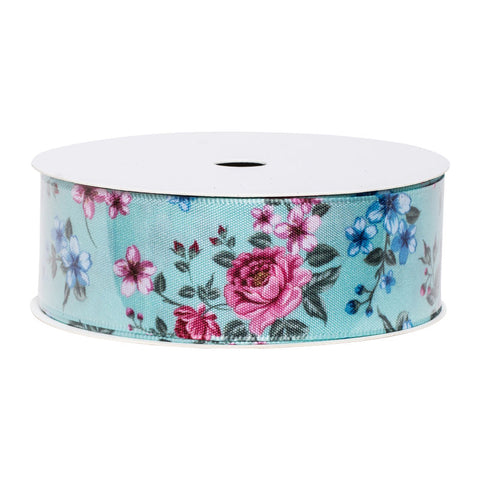 RIBBON BLUE W FLORAL PRINT 25MMX12M (#65828)