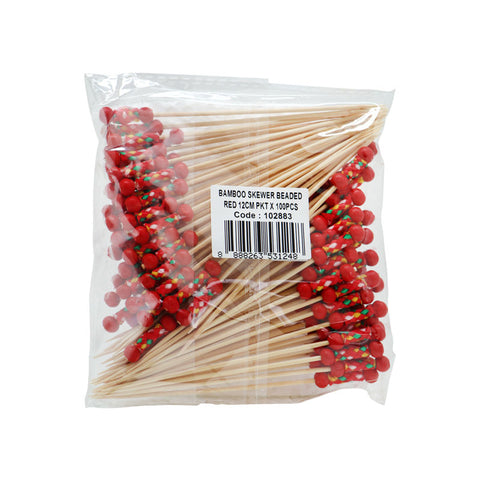 BAMBOO SKEWER RED BEADED 12CM 100PC (#102883)