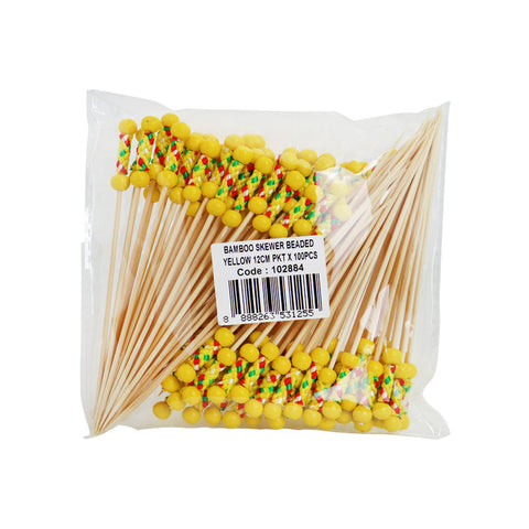 BAMBOO SKEWER YELLOW BEADED 12CM 100PC (#102884)