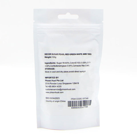 DECOR SUGAR PEARL RED GREEN WHITE 4MM 100G (#107348)