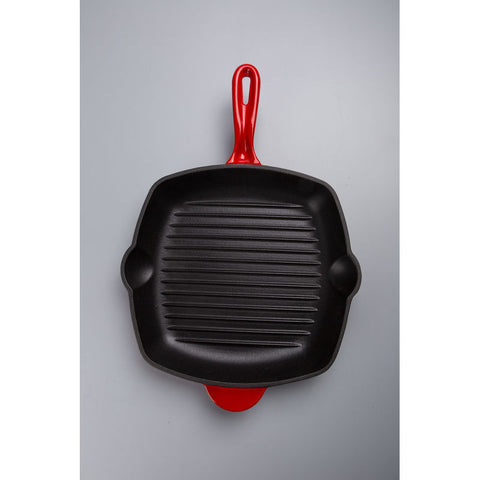 28CM SQUARE CAST IRON ENAMEL GRILL PAN RED (#108250)