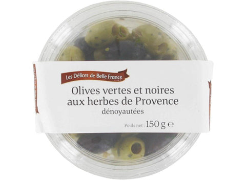 PITTED PROVENCE GREEN BLACK OLIVES 150G (#114959)