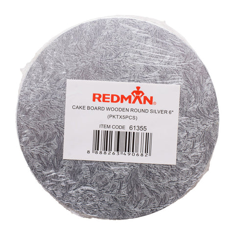 WOODEN CAKEBOARD RD SILVER 6" 5PCS (#61355)