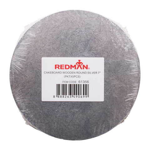 WOODEN CAKEBOARD RD SILVER 7" 5PCS (#61356)