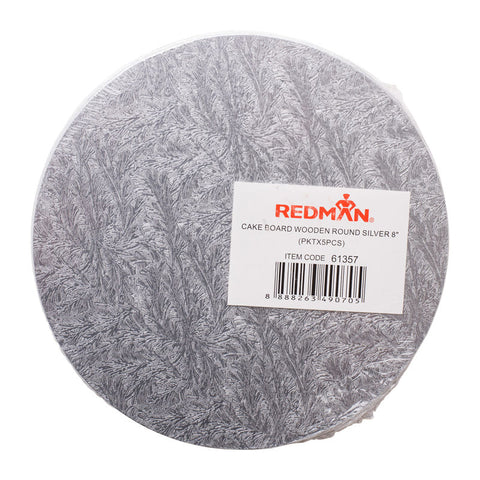 WOODEN CAKEBOARD RD SILVER 8" 5PCS (#61357)