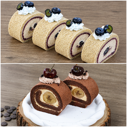 Blueberry Earl Grey Roll Cake & Chocolate Banana Salted Caramel Roll Cake (#CHERMAINEBCB)