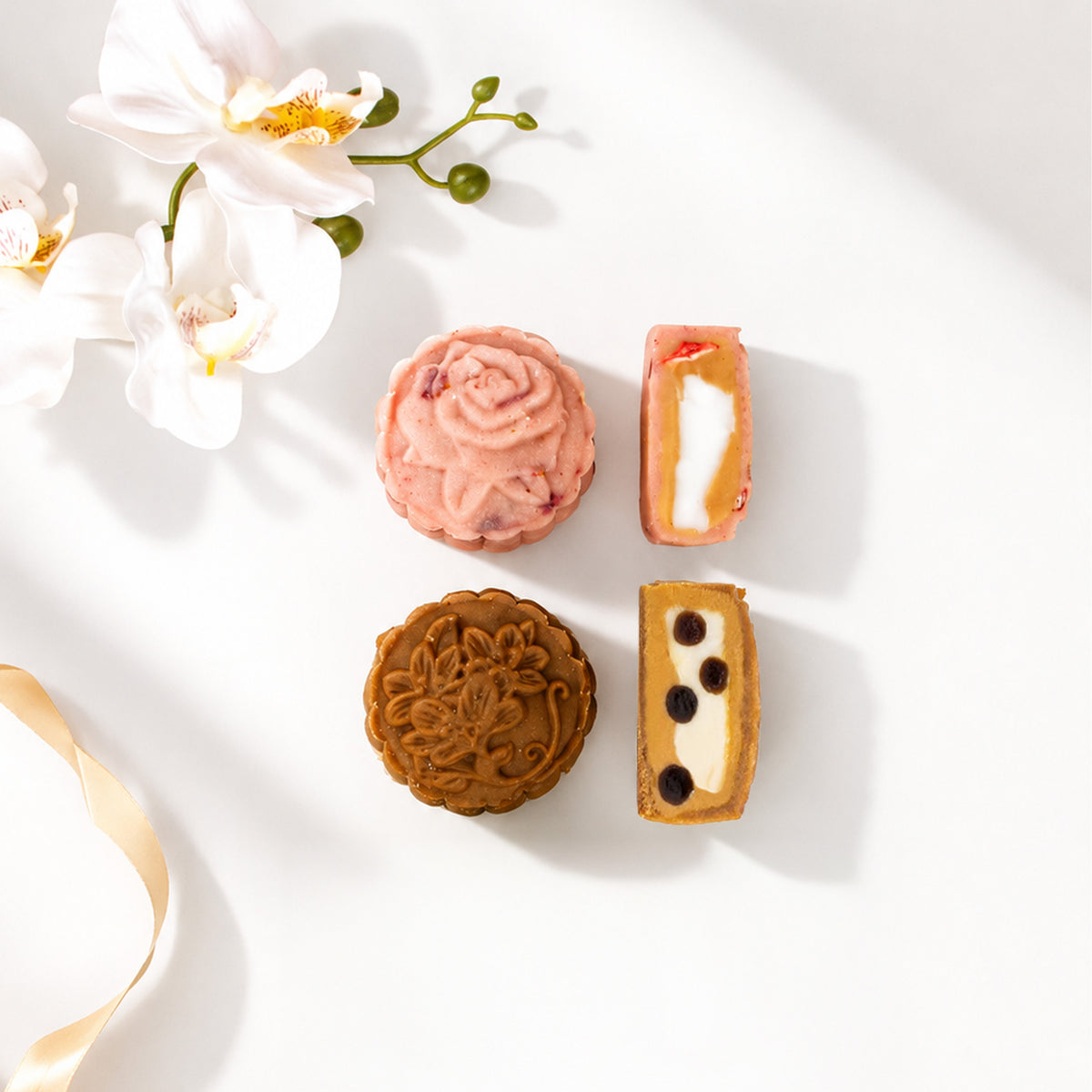 Bubble Tea Mochi Espresso Snowskin + Strawberry Rose Lychee Snowskin Mooncake (