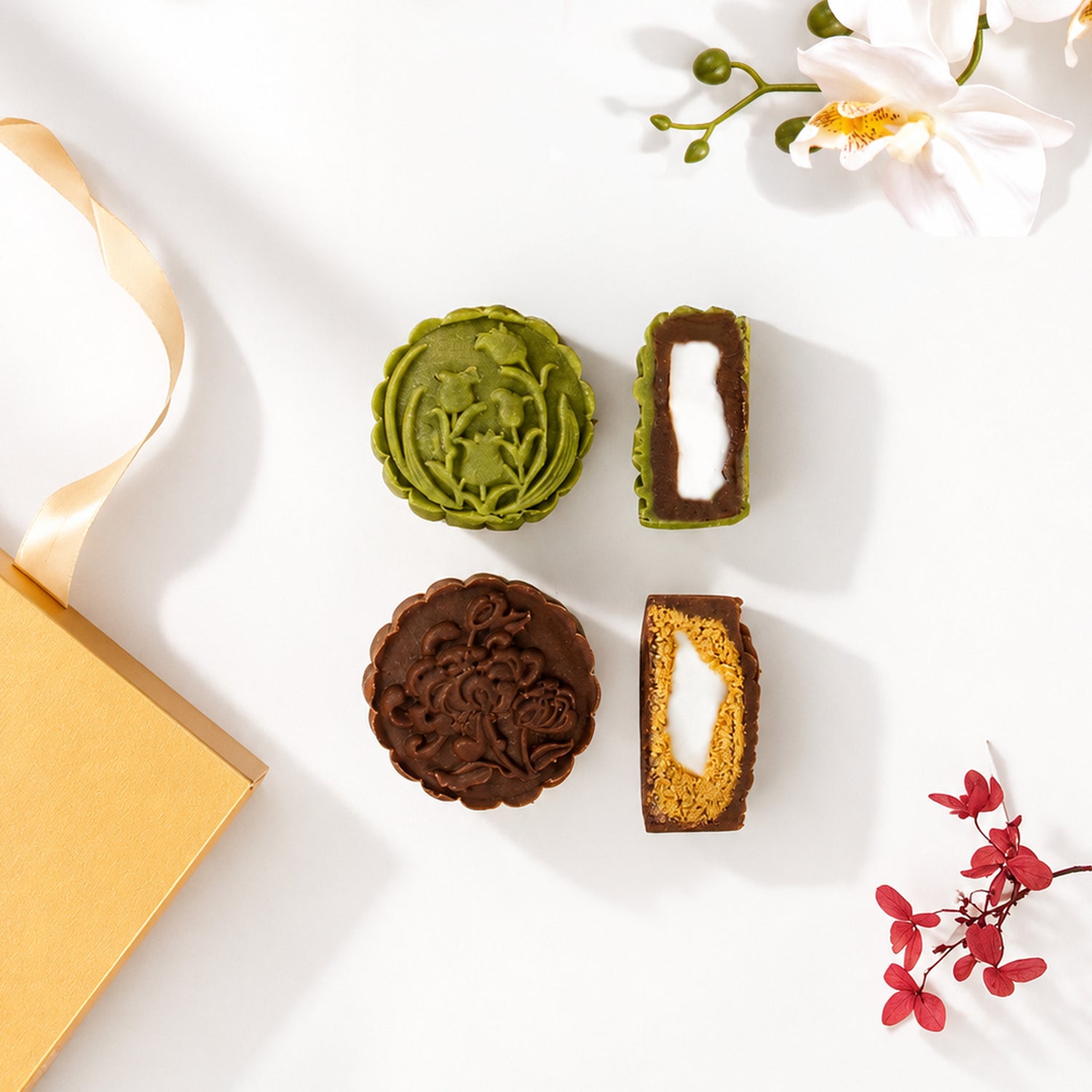 Kunafa Chocolate Pistachio Mooncake + Green Tea Mochi Puer Mooncake (