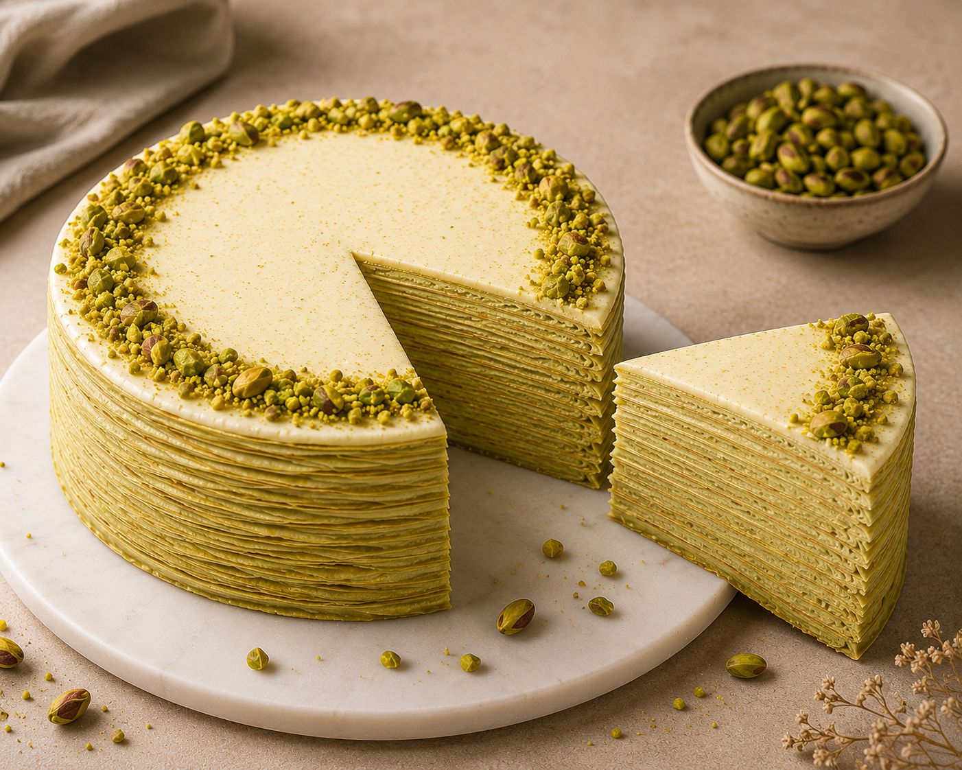 Dubai Chocolate Mille Crepe Cake (