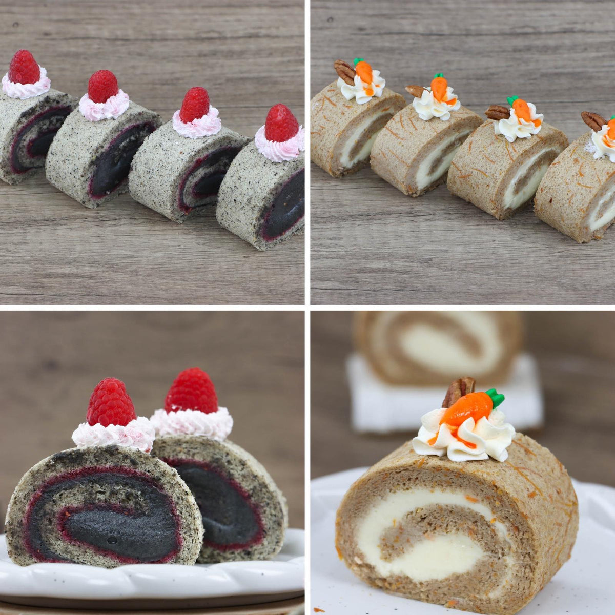 Black Sesame Raspberry Roll Cake & Cream Cheese Carrot Roll Cake (